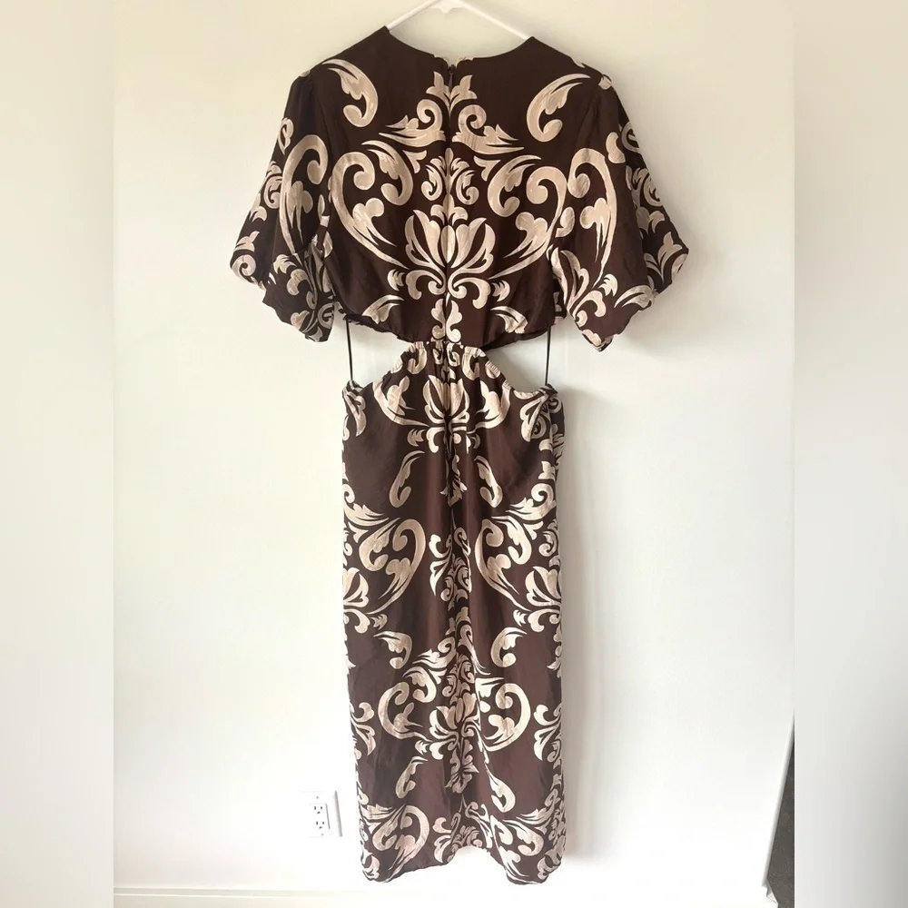 Abercrombie & Fitch Short Puff Sleeve Cutout Maxi Dress Brown Tan Floral Pattern
